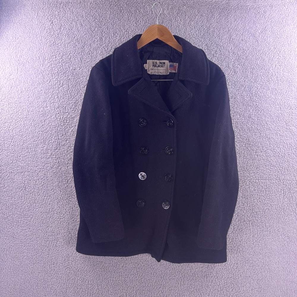 Schott NYC U.S. 740N Pea Jacket Mens 40 Navy Blue Wool Double Breasted Coat USA